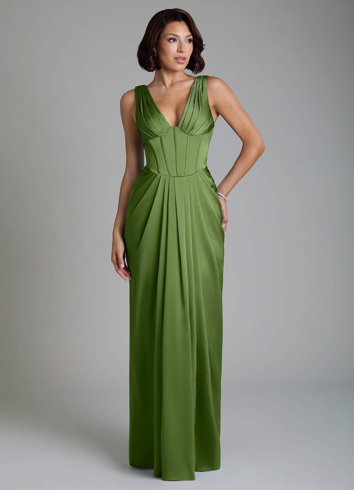 Vanya Sheath V-Neck Stretch Satin Bridesmaid Dress in Juniper