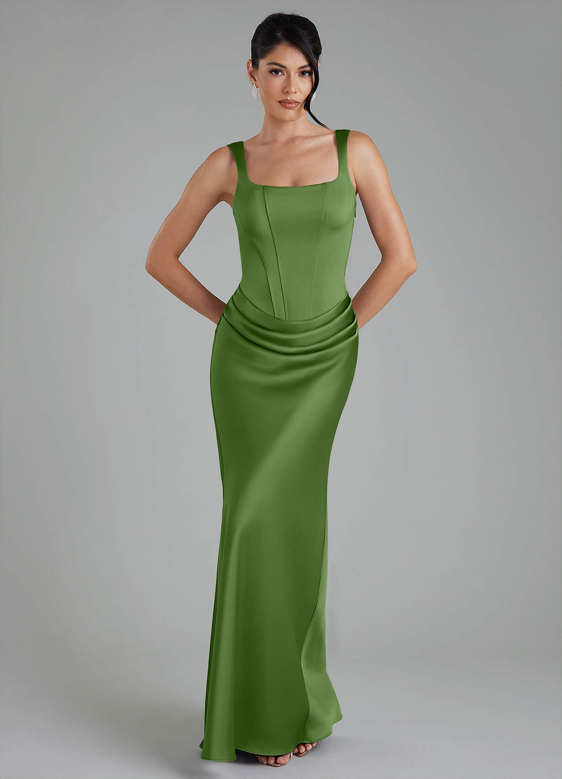 Etta Mermaid Square-Neck Stretch Satin Bridesmaid Dress in Basil