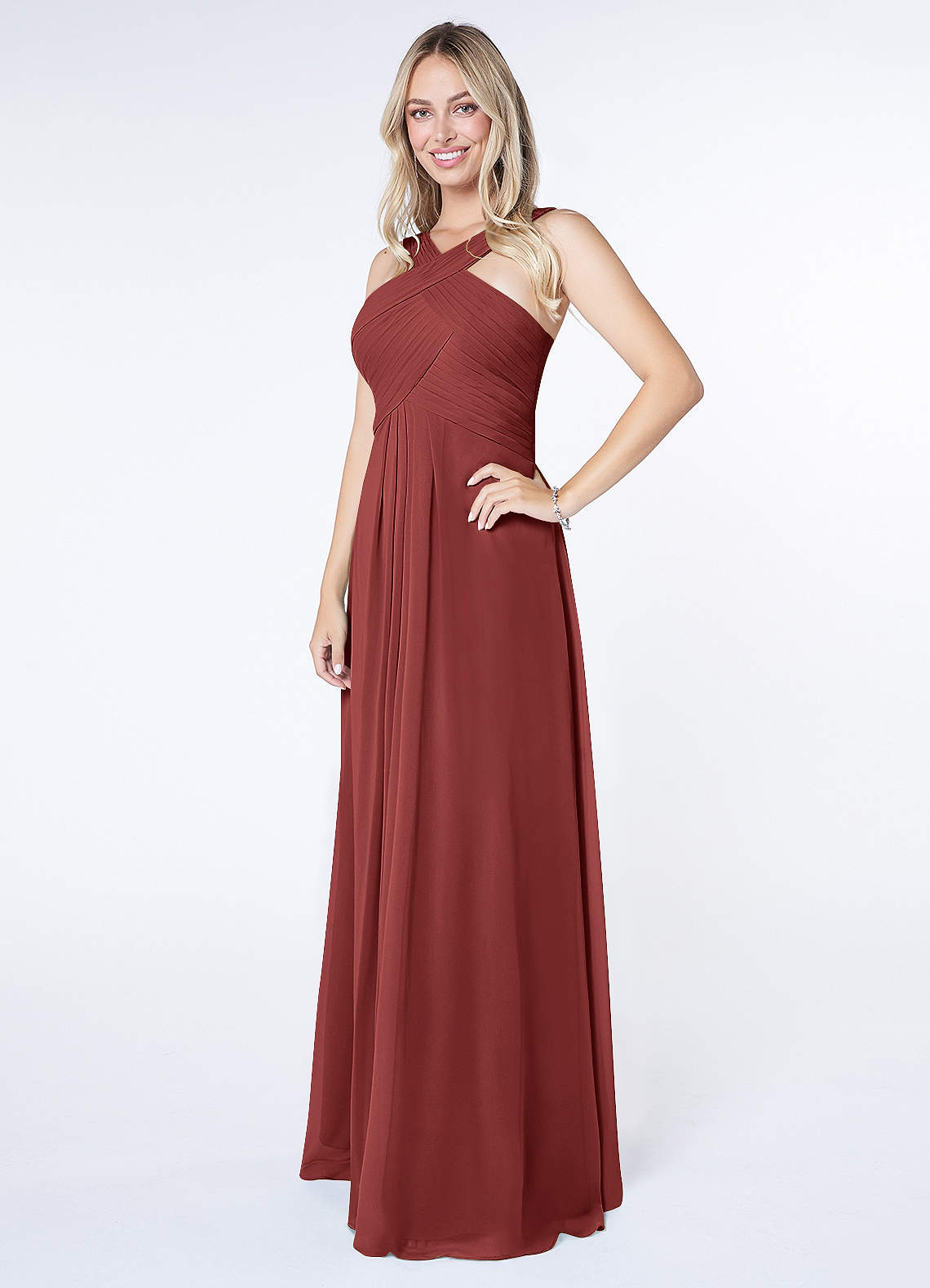 Kaleigh A-Line Halter Chiffon Bridesmaid Dress in Terracotta