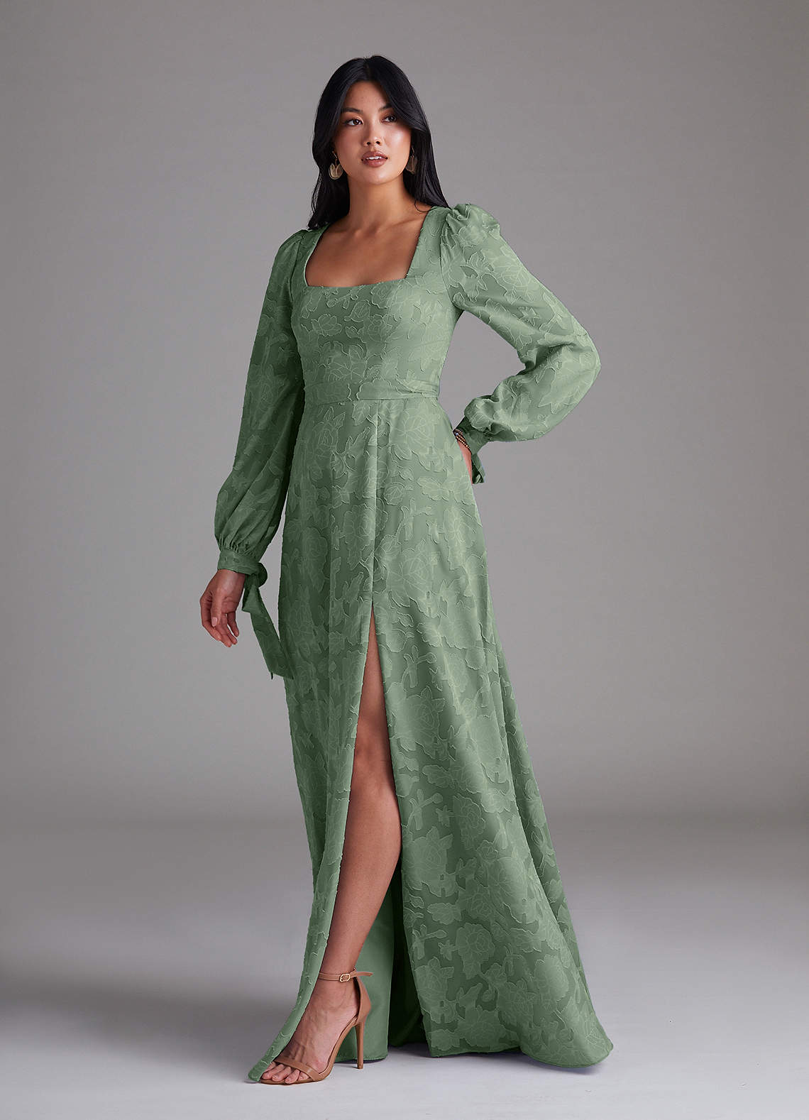 Leonia A-Line Square-Neck Stretch Satin Bridesmaid Dress in Matcha