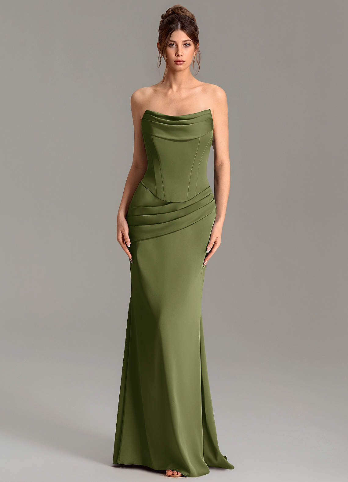 Adrienne Mermaid Cowl-Neck Stretch Satin Bridesmaid Dress in Olive
