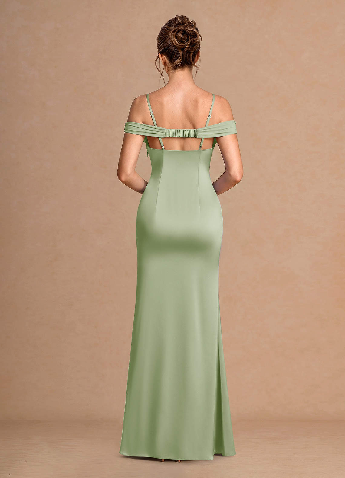 Estelle A-Line Cold-Shoulder Satin Chiffon Evening Dress in Light Green