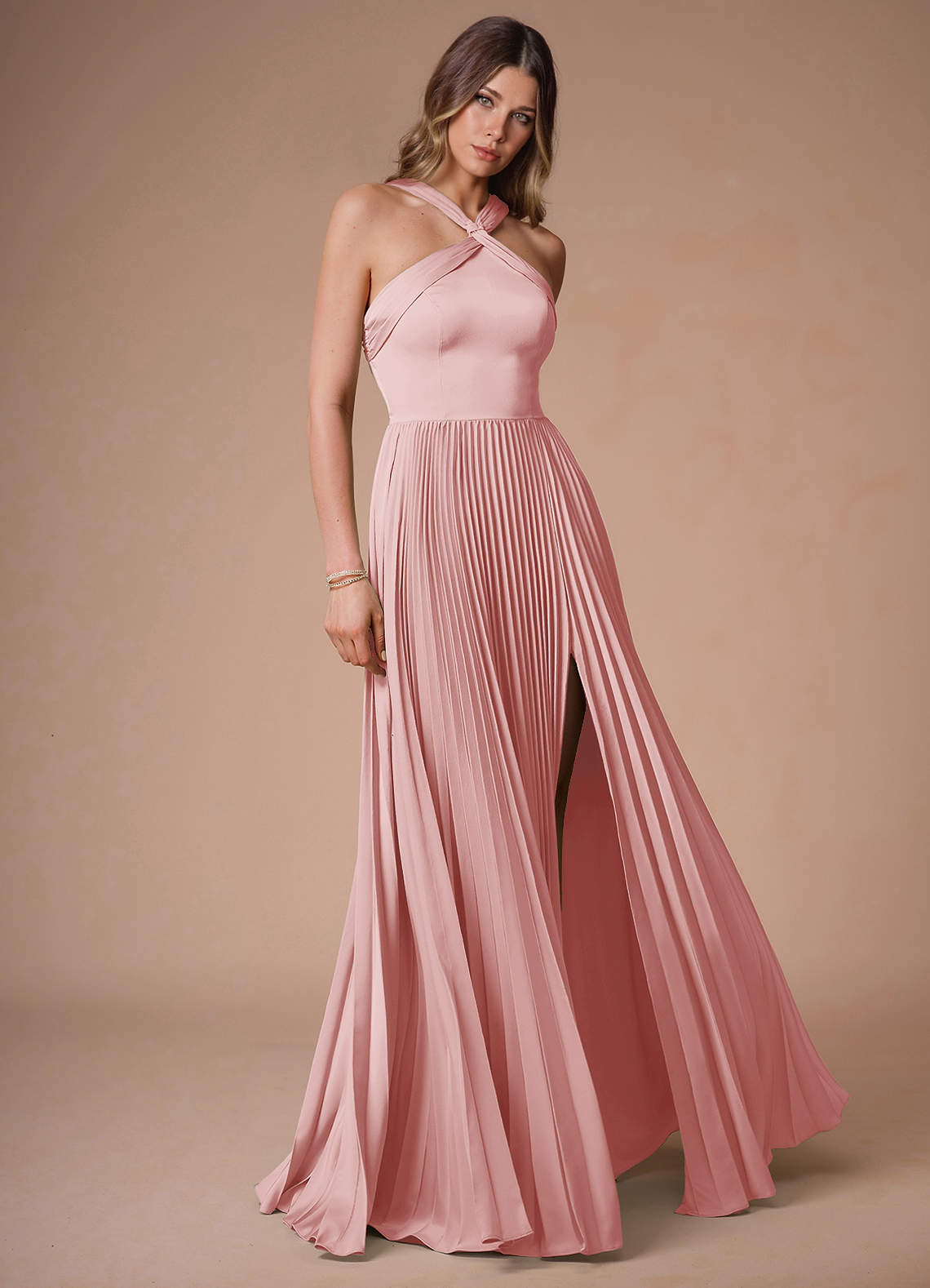 Afra A-Line Pleated Stretch Satin Wedding Guest Dress in Haze Pink