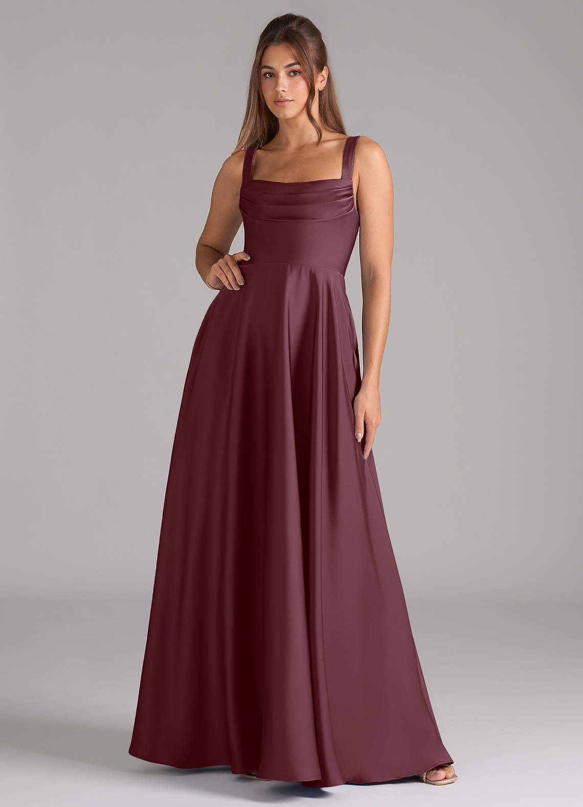 Shaude A-Line Square-Neck Stretch Satin Bridesmaid Dress in Sangria