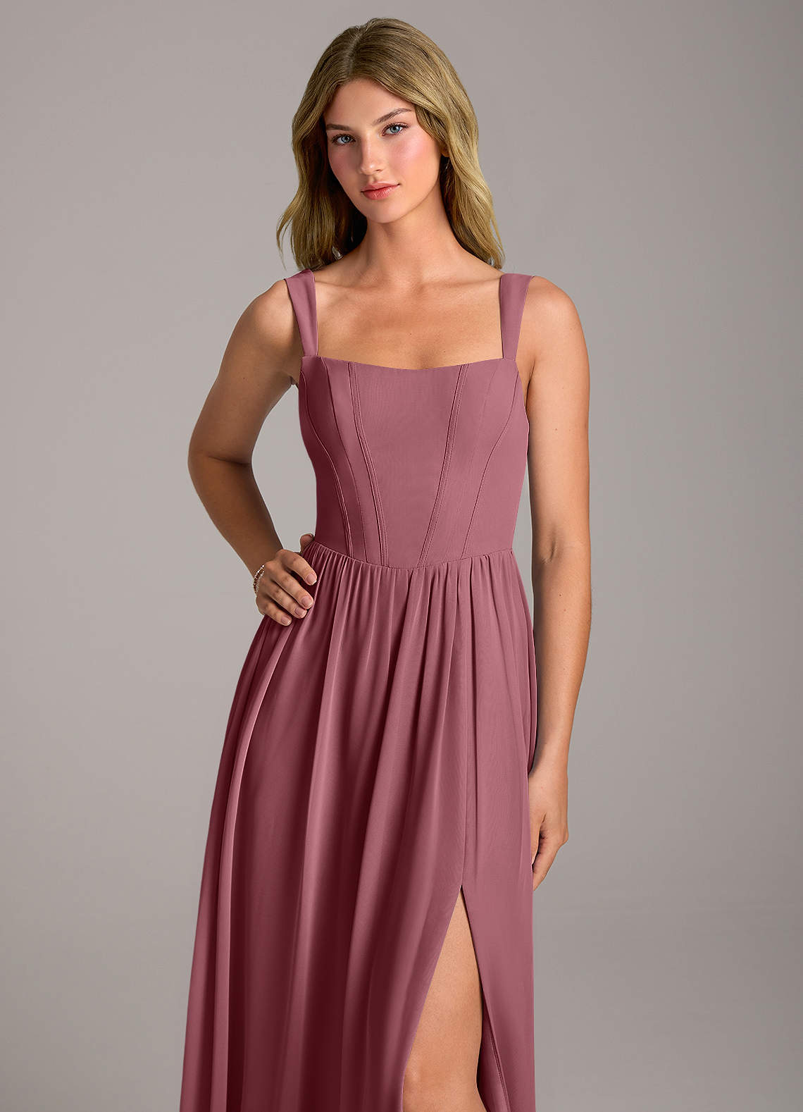 Rosaline A-Line Square-Neck Chiffon Bridesmaid Dress in Desert Rose