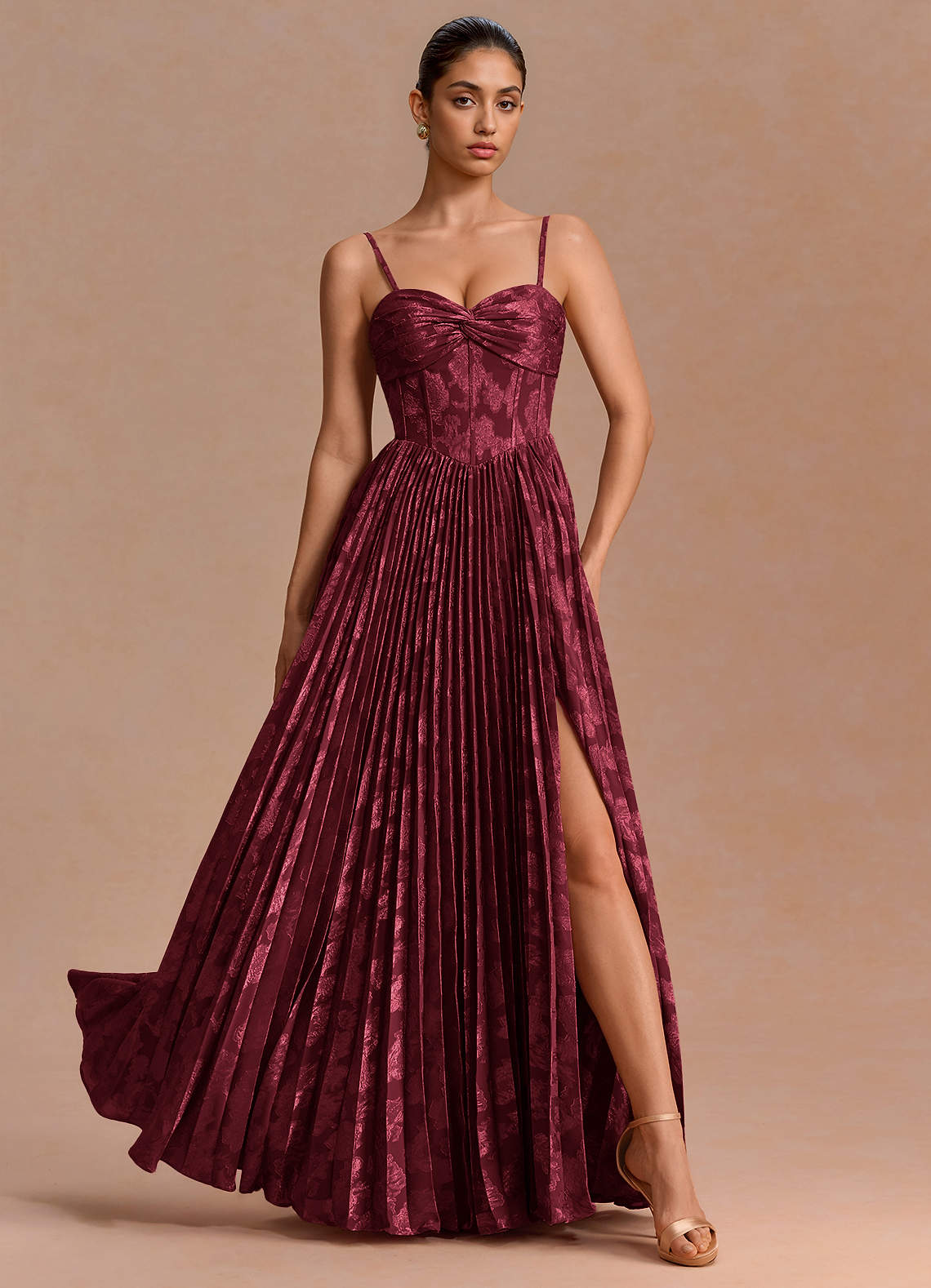 Delfina A-Line Twisted-Bust Fil Coupé Evening Dress in Wine