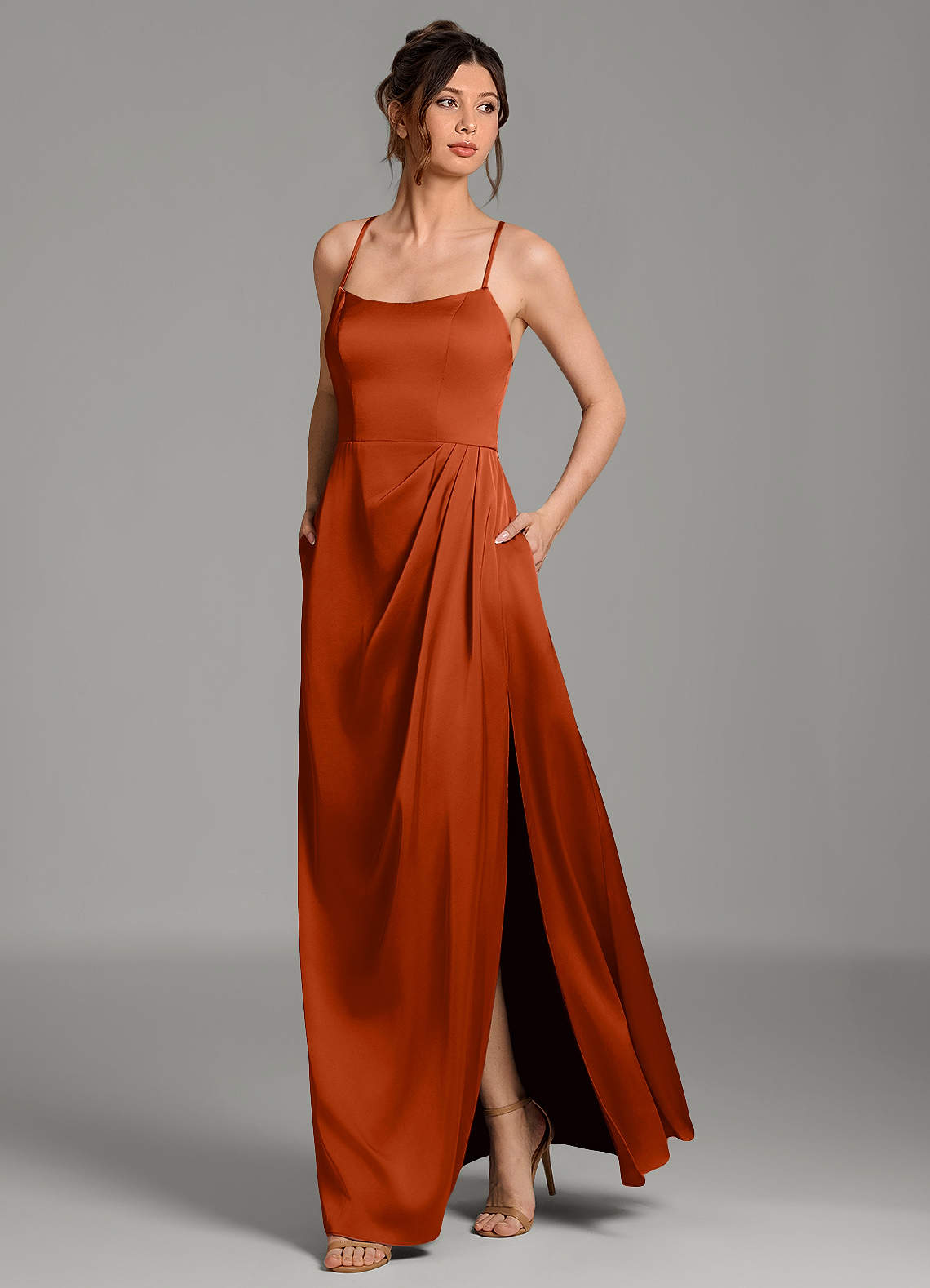 Frankie A-Line Scoop-Neck Stretch Satin Bridesmaid Dress in Paprika