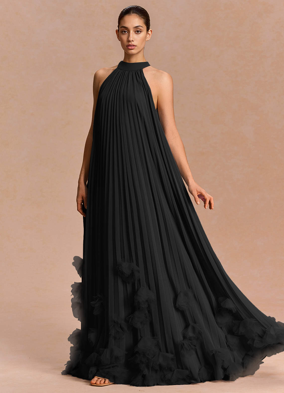 Lucette A-Line Halter Chiffon Evening Dress in black