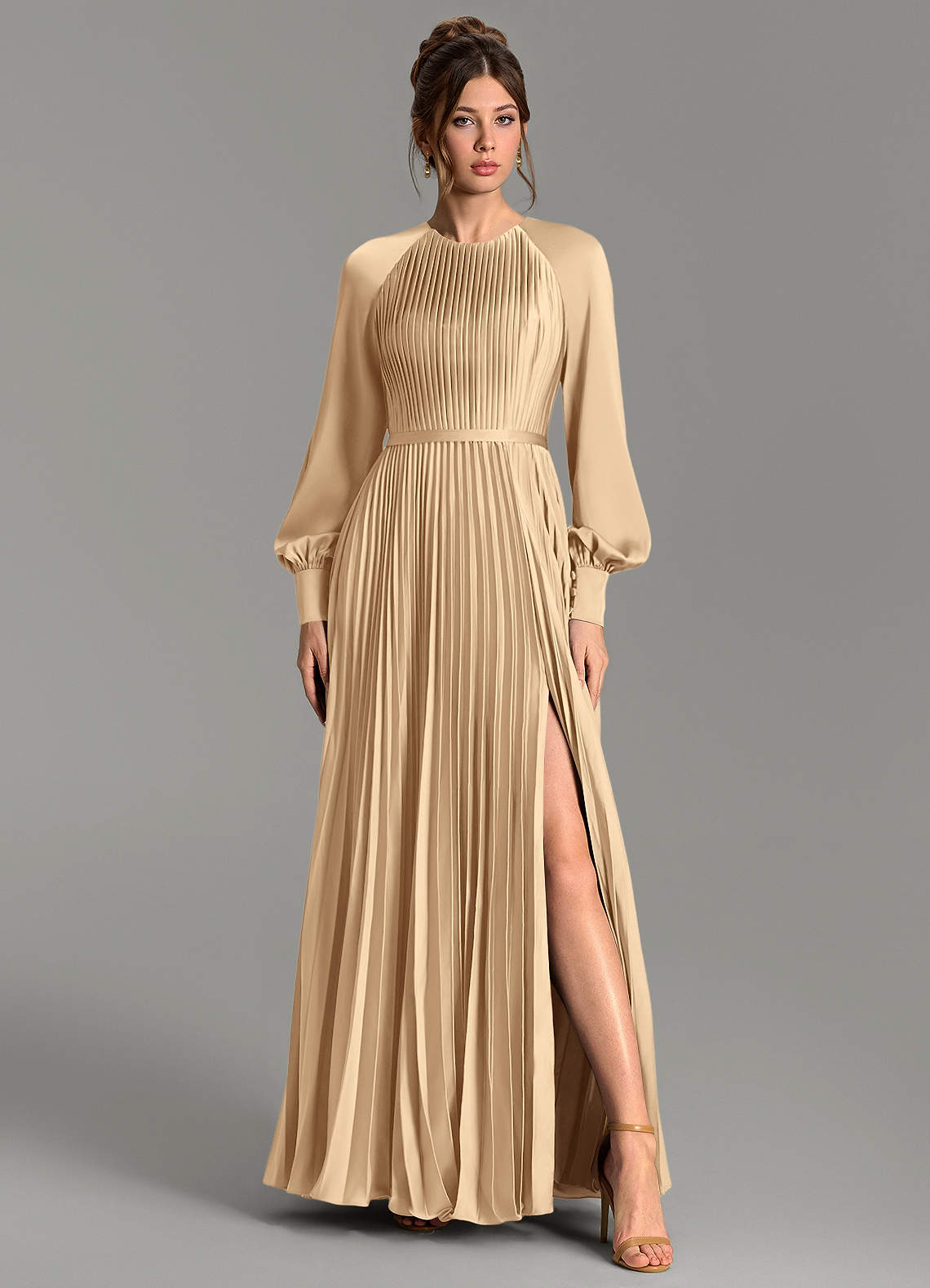 Grayson A-Line Scoop-Neck Stretch Satin Bridesmaid Dress in Champagne