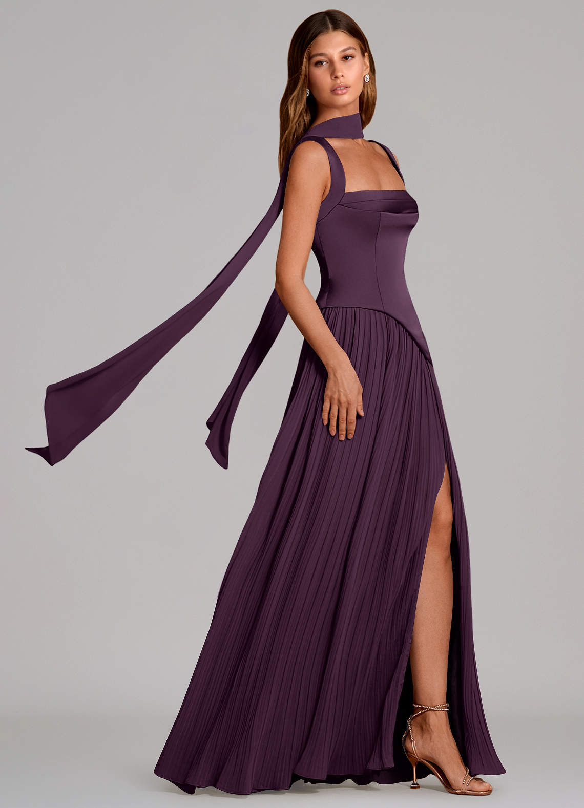 Stephanie A-Line Square-Neck Stretch Satin and Chiffon Bridesmaid Dress in Plum