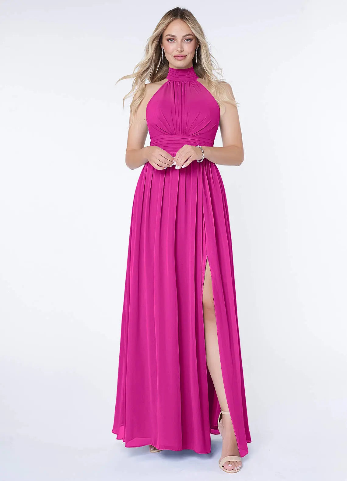 Iman A-Line Halter Chiffon Bridesmaid Dress in Fuchsia