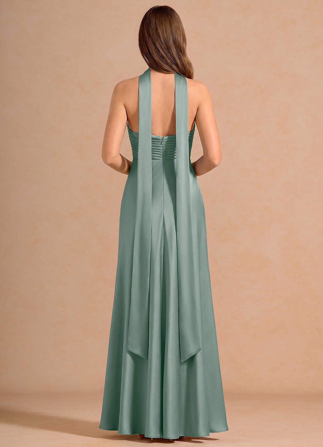 Seraphina A-Line Scarf Stretch Satin Evening Dress in Vintage Sage