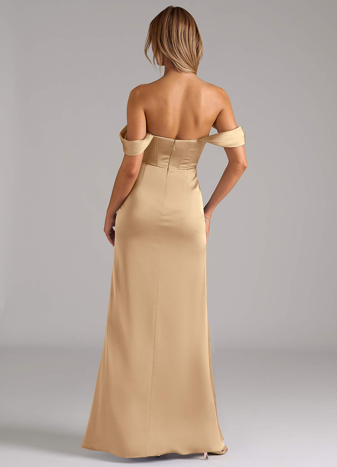 Johana Mermaid Off-the-Shoulder Stretch Satin Bridesmaid Dress in Champagne
