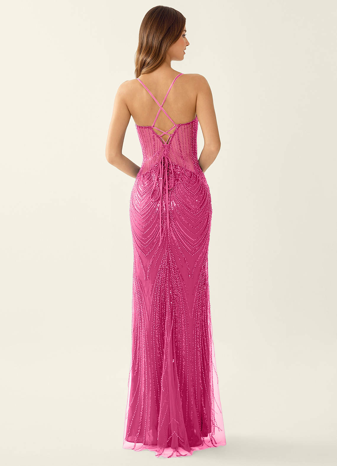 Magnolia Mermaid Beaded Sequined Stretch Mesh Evening Dress in Fuchsia
