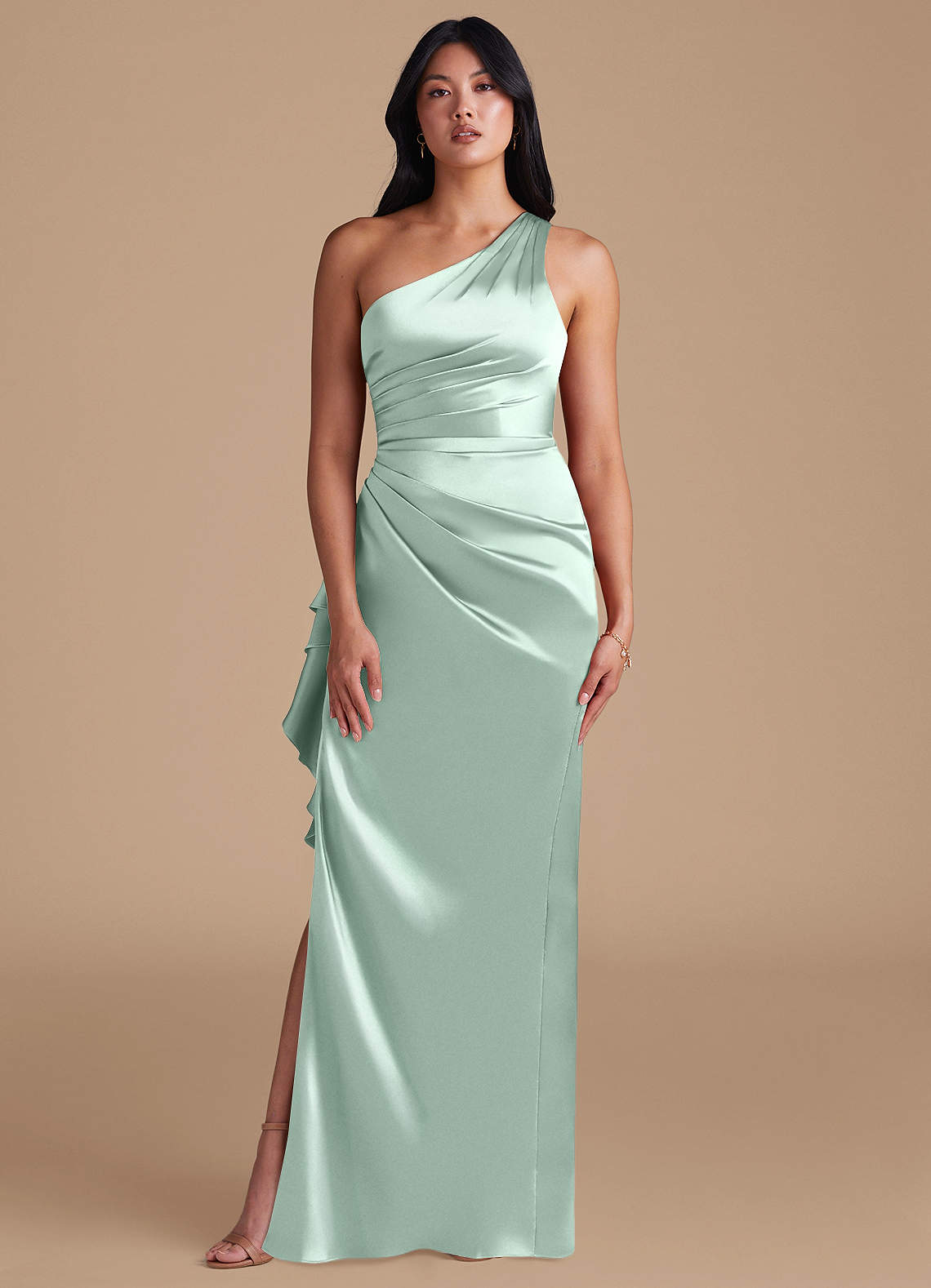 Latrice Sheath One-Shoulder Metallic Satin Bridesmaid Dress in Agave