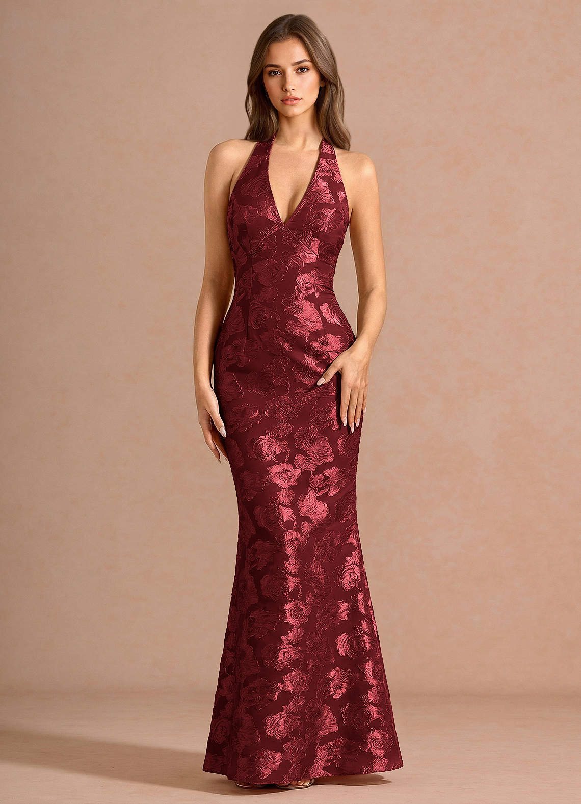 Valerie V-Neck Open-Back Fil Coupé Evening Dress in Wine