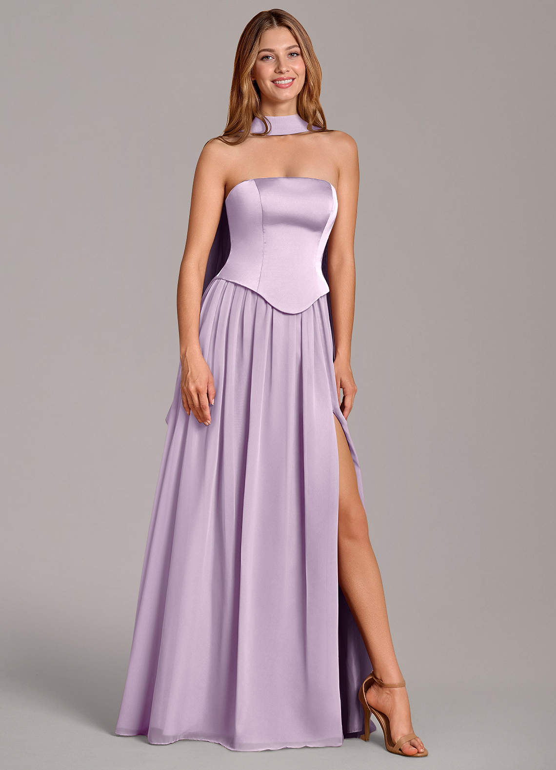 Cadence A-Line Strapless Chiffon and Stretch Satin Bridesmaid Dress in Frosted Lilac