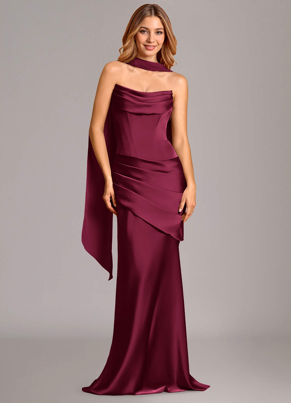 Pelagia Mermaid Cowl-Neck Stretch Satin Bridesmaid Dress in Burgundy
