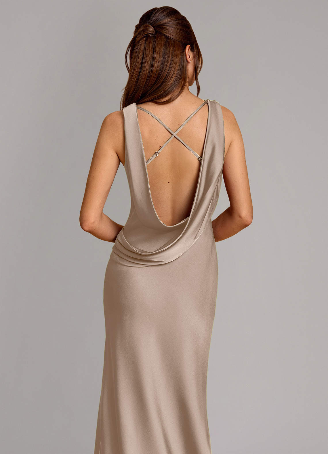 Cheryl Mermaid Cowl-Neck Stretch Satin Bridesmaid Dress in Taupe