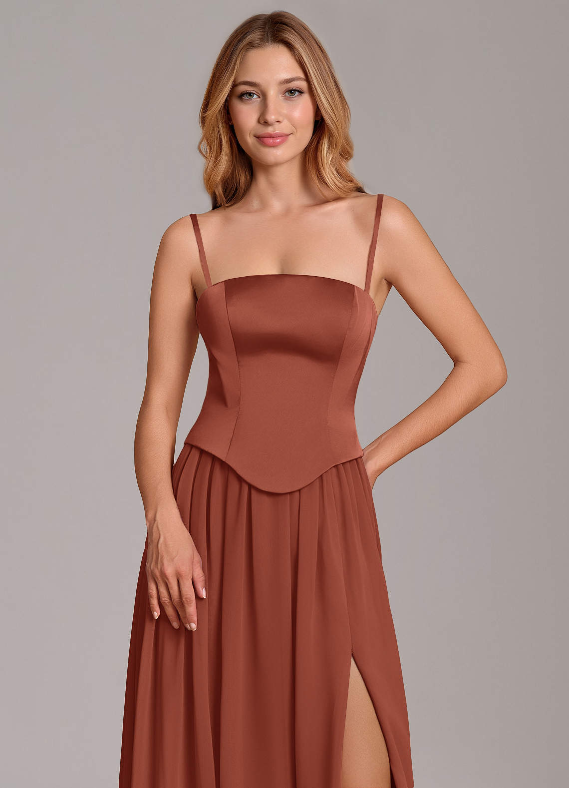 Cadence A-Line Strapless Chiffon and Stretch Satin Bridesmaid Dress in Auburn