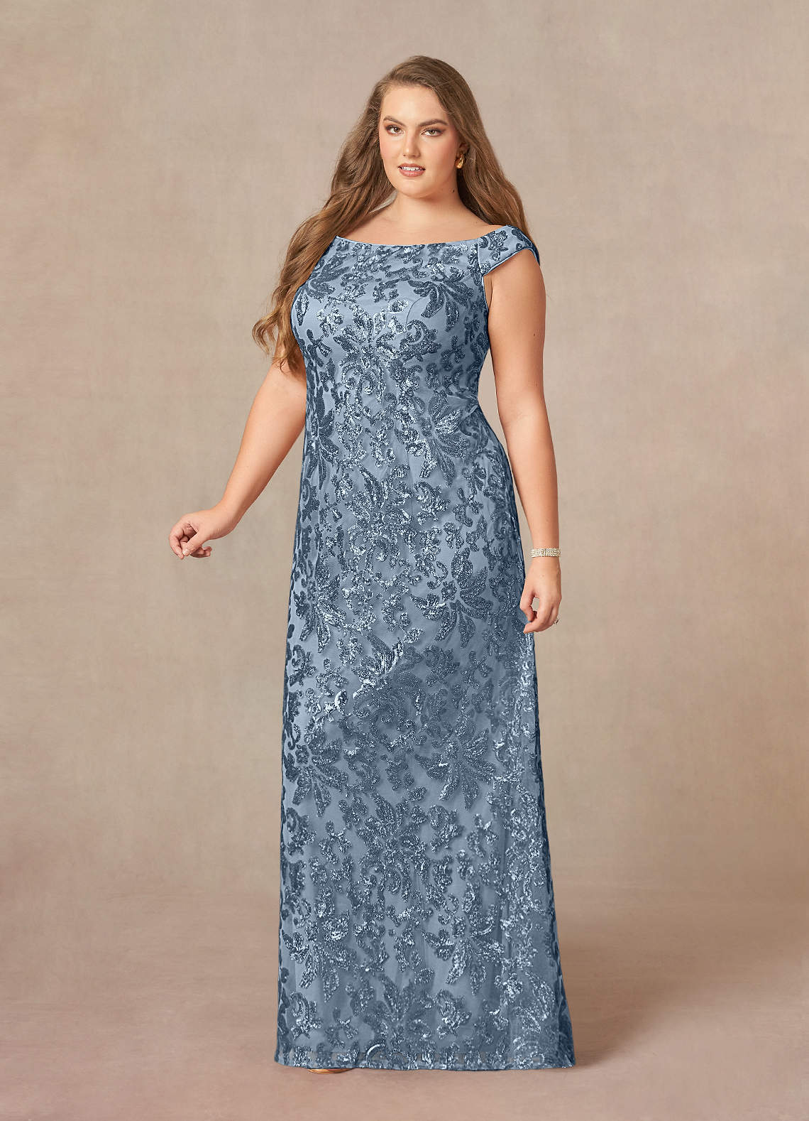 Porcelain A-Line Off-the-Shoulder Lace Mother of the Bride Dress