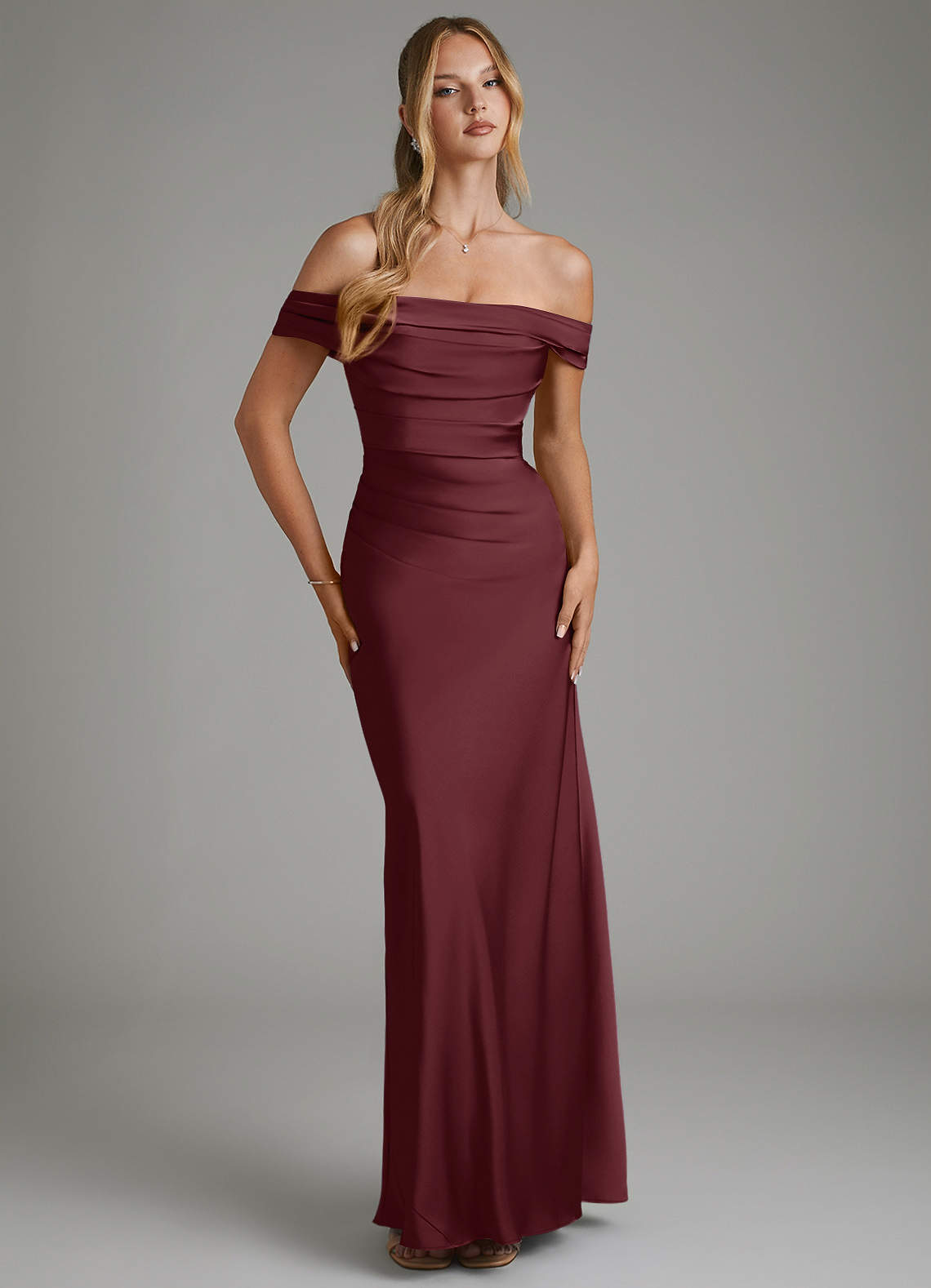 Hayden Mermaid Off-the-Shoulder Stretch Satin Bridesmaid Dress in Cabernet