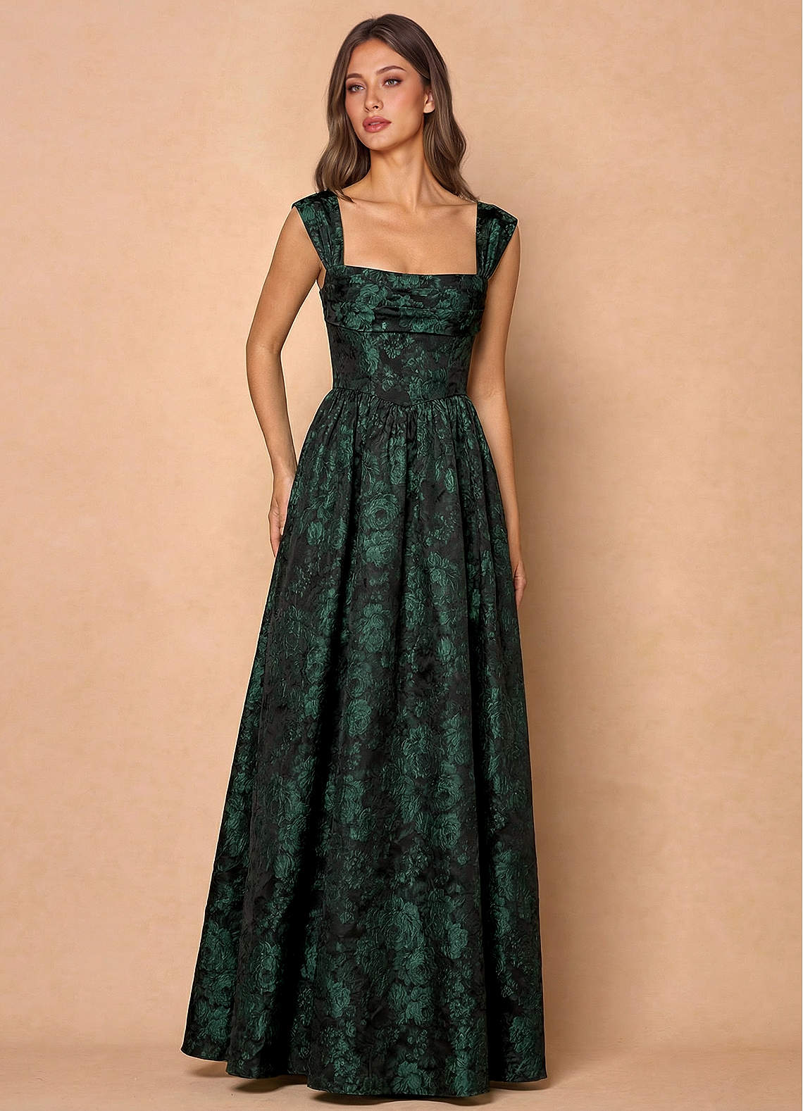 Runa Ball Gown Pleated Jacquard Taffeta Evening Dress in Emerald Black
