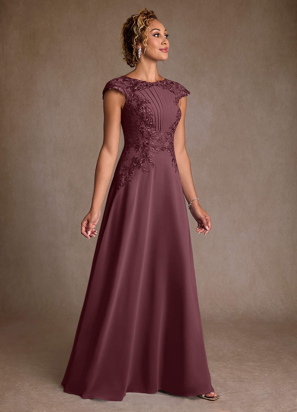 Christi A-Line Scoop-Neck Chiffon and Lace Mother of the Bride Dress in Sangria