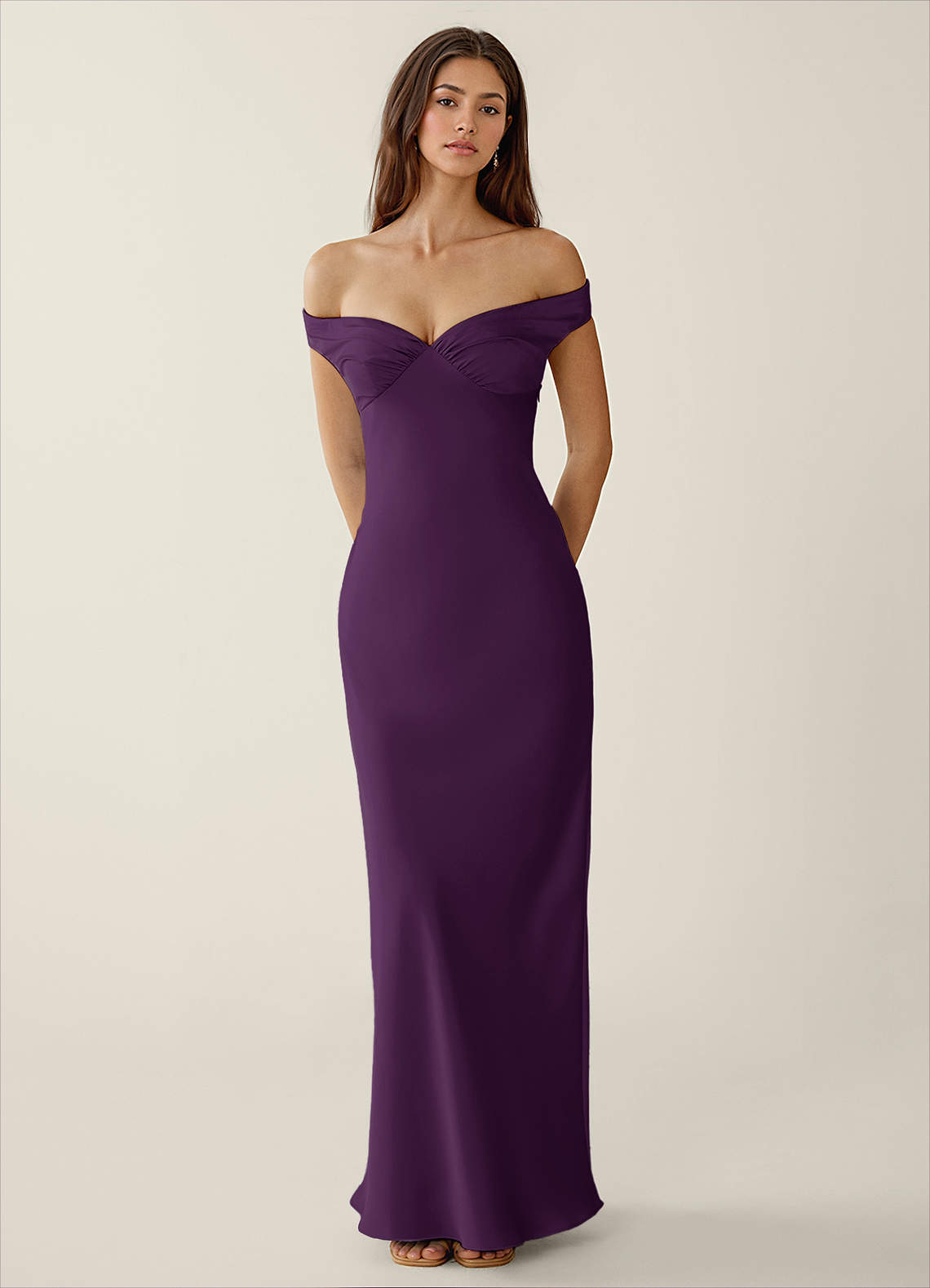 Gwendonme Sheath Off-the-Shoulder Satin Crystal Linen Evening Dress in Grape