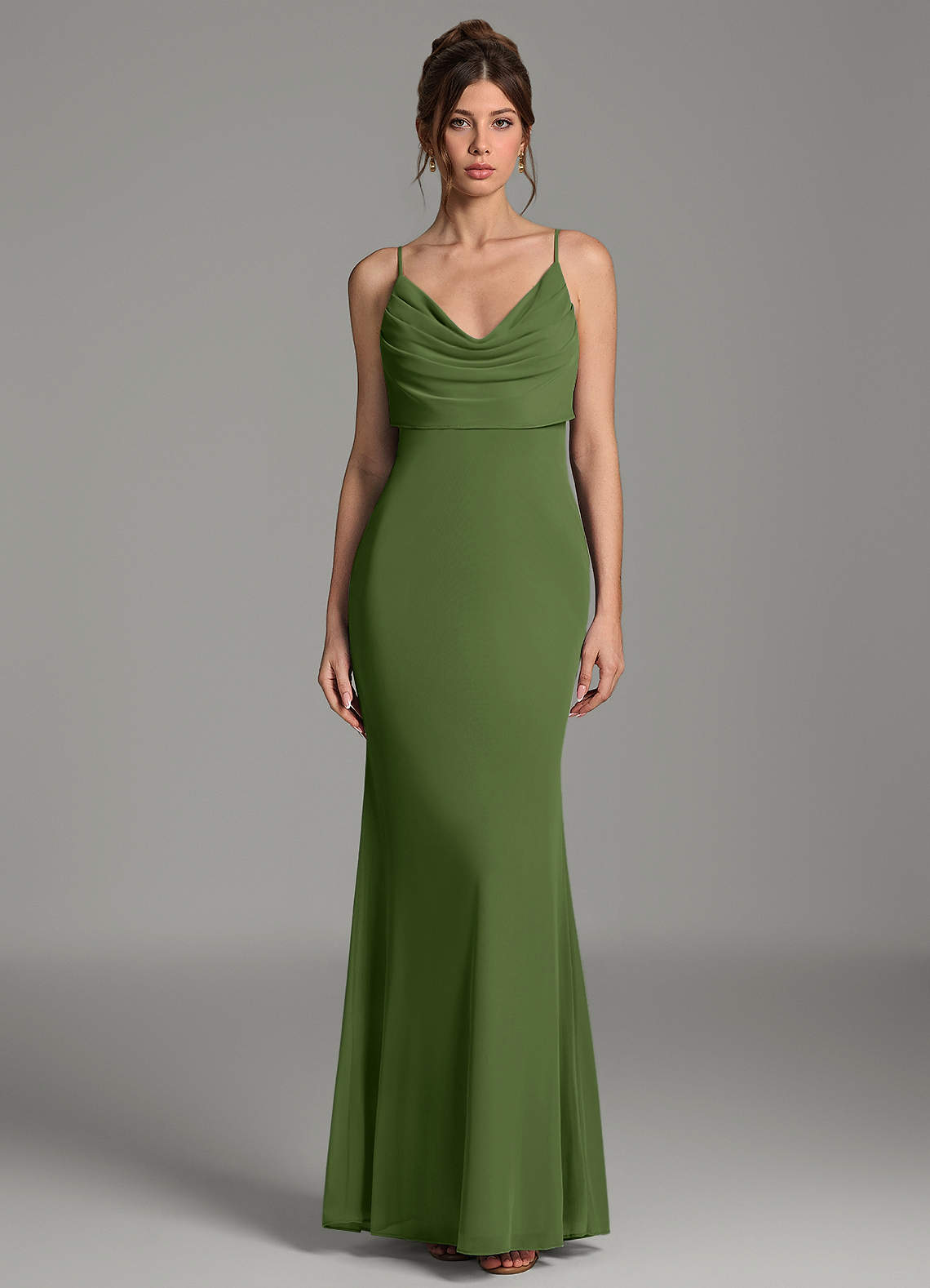 Zari Mermaid Cowl-Neck Mesh Bridesmaid Dress in Olive