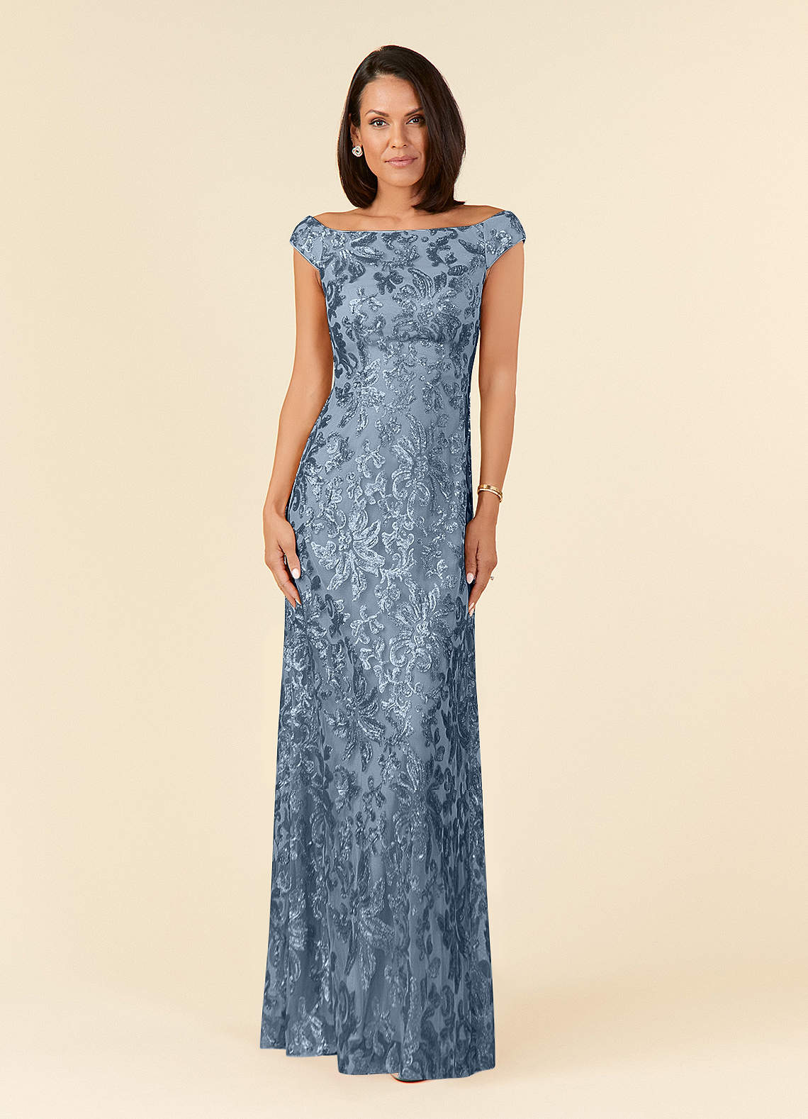 Porcelain A-Line Off-the-Shoulder Lace Mother of the Bride Dress in dusty blue
