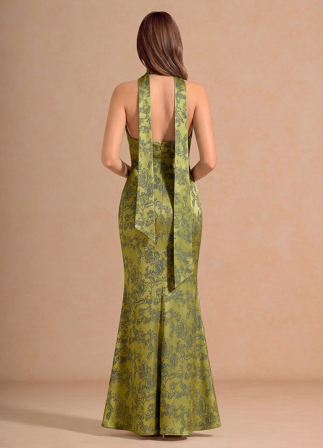 Ottoline Plunging V-Neck Open-Back Jacquard Evening Dress in Moss Navy