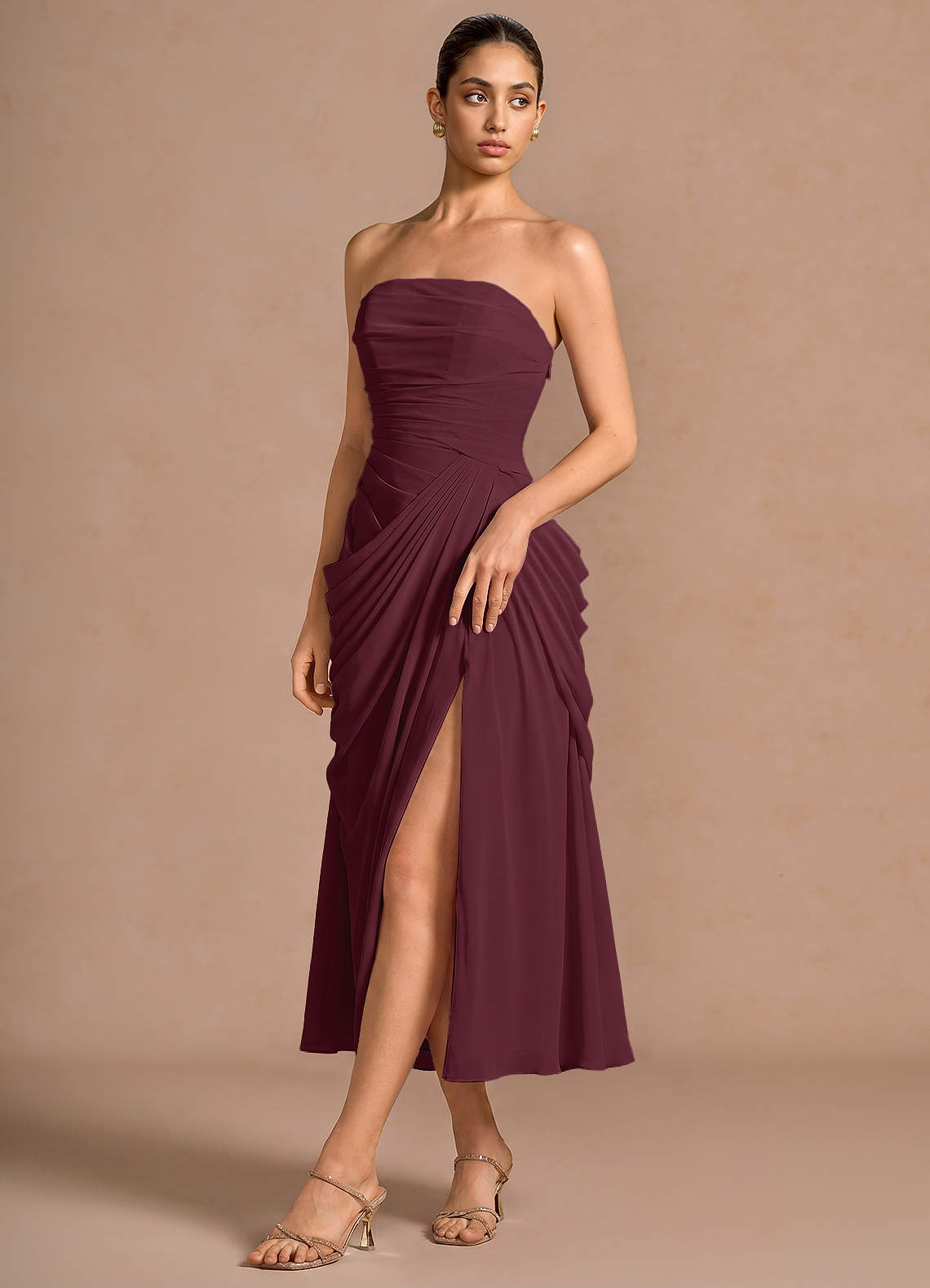 Kaavia Column Pleated Chiffon Midi Evening Dress in Wine