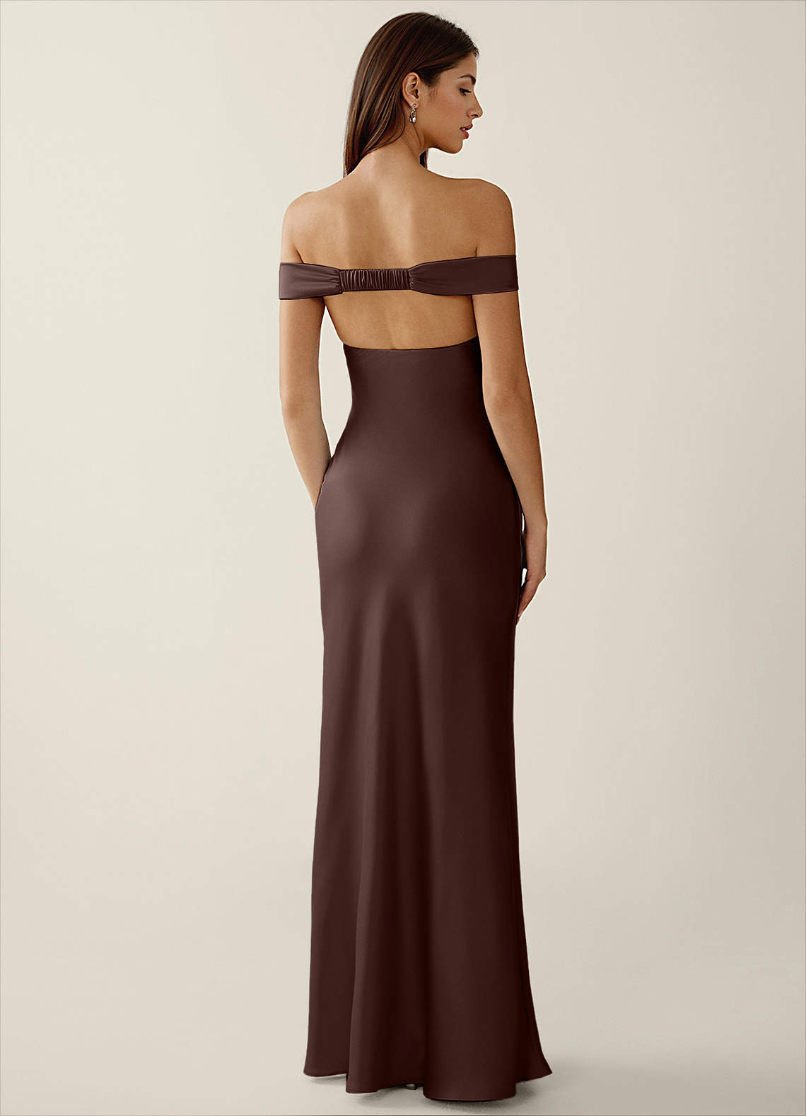 Gwendonme Sheath Off-the-Shoulder Satin Crystal Linen Evening Dress in Truffle