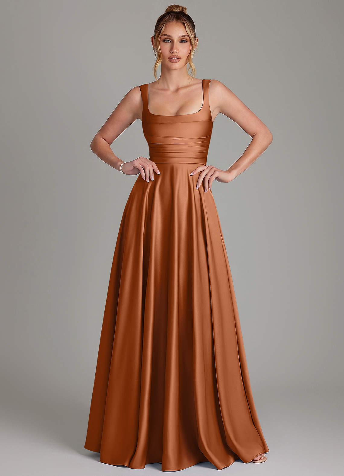 Azaria A-Line Square-Neck Stretch Satin Bridesmaid Dress in Copper