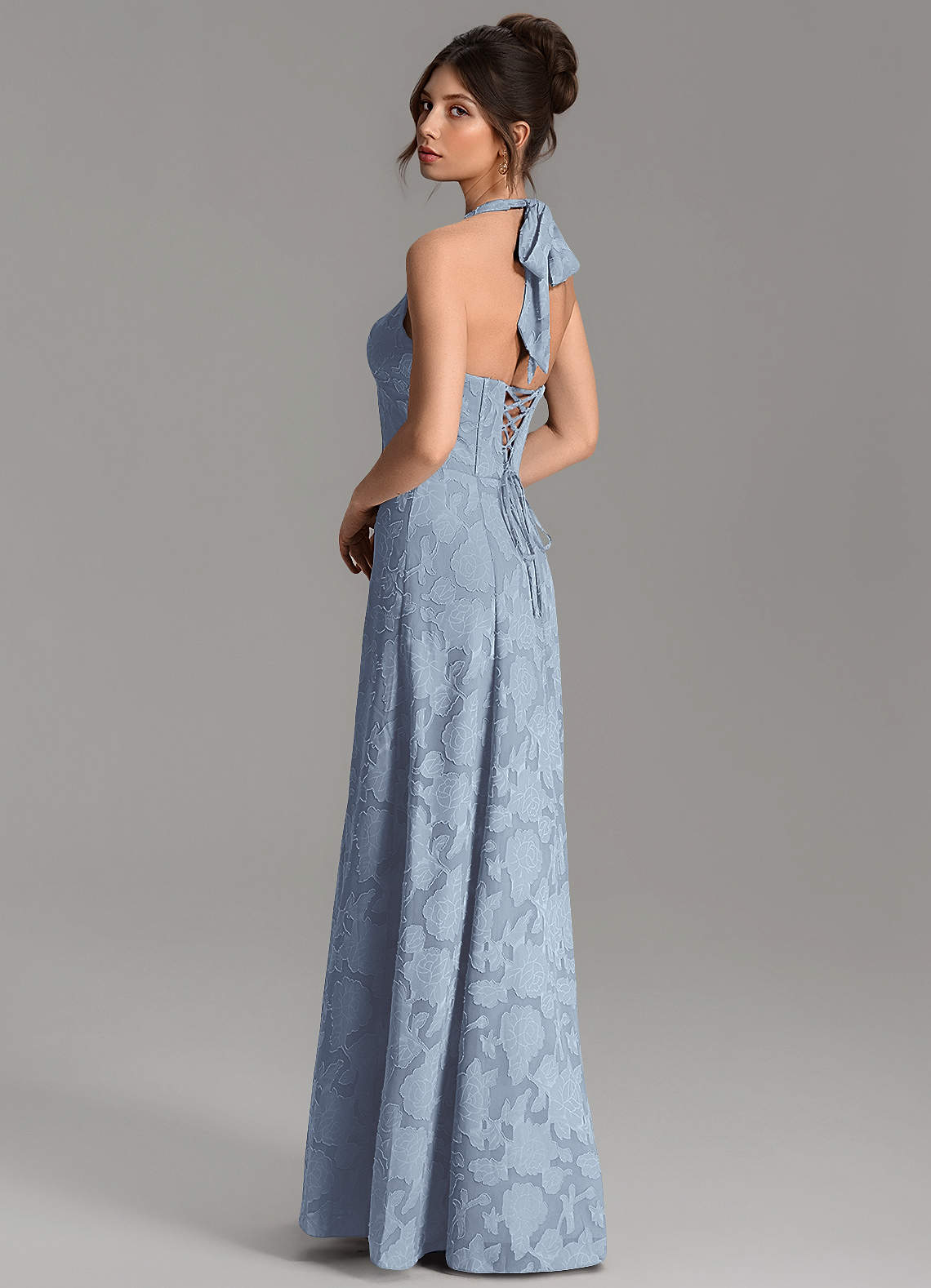 Nia A-Line V-Neck Floral Burnout Bridesmaid Dress in dusty blue