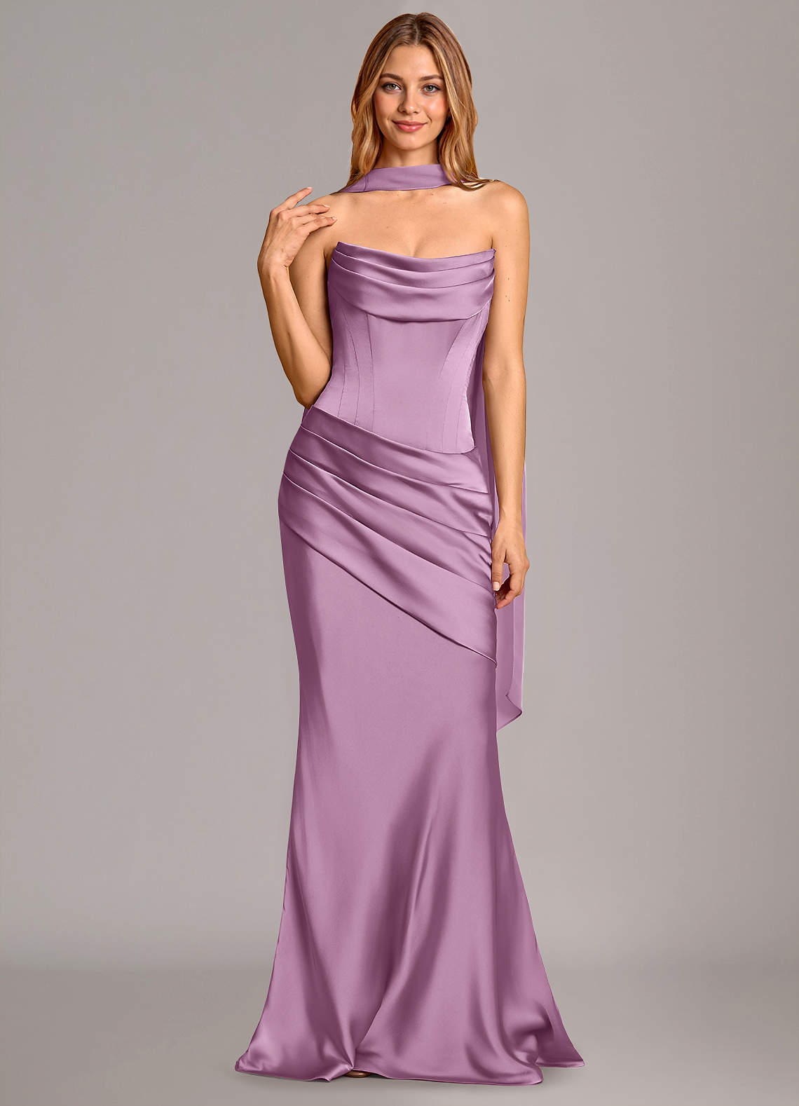 Pelagia Mermaid Cowl-Neck Stretch Satin Bridesmaid Dress in Wisteria