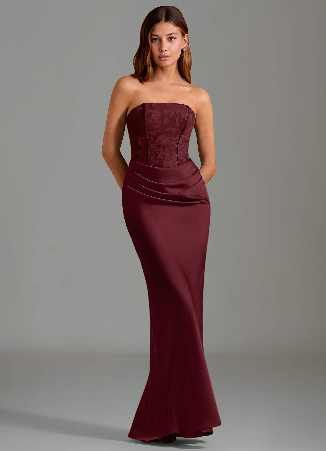 Emilia Mermaid Strapless Stretch Satin and Floral Burnout Bridesmaid Dress in Cabernet