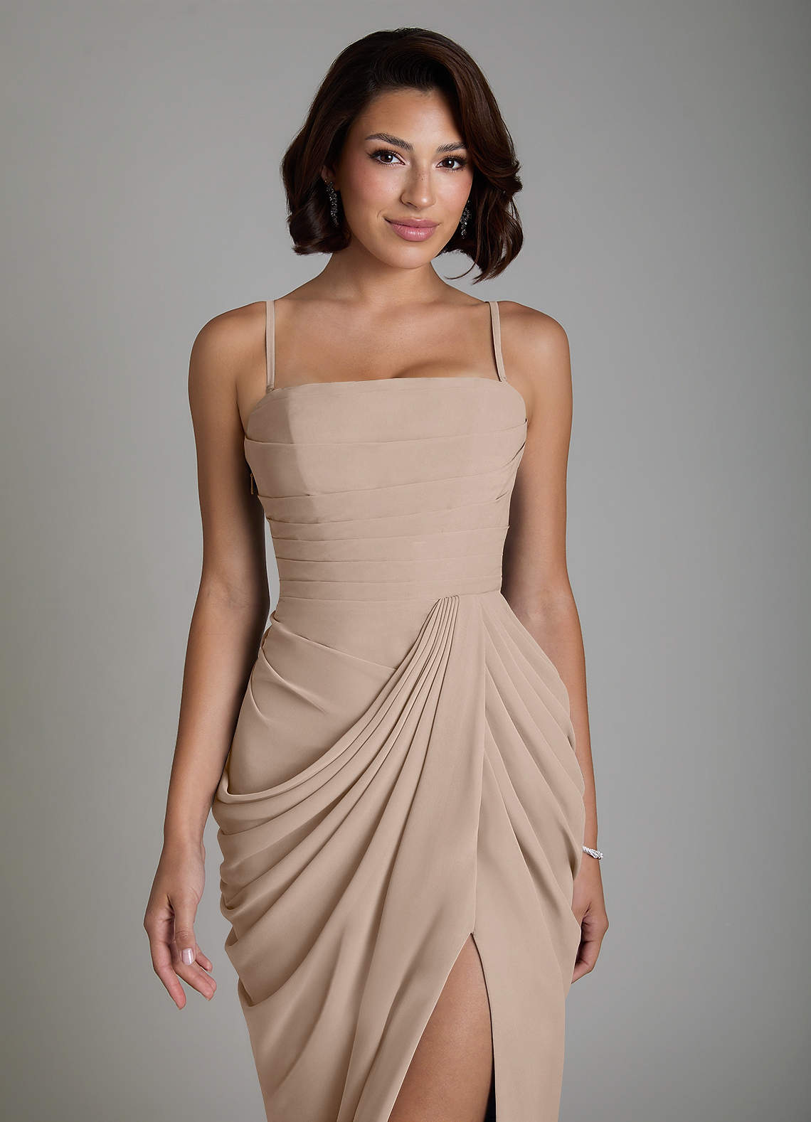 Nyra Sheath Strapless Chiffon Bridesmaid Dress in Taupe
