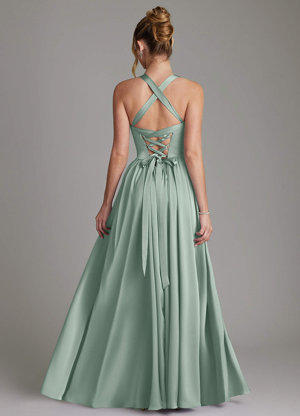 Francis A-Line V-Neck Stretch Satin Bridesmaid Dress in Agave