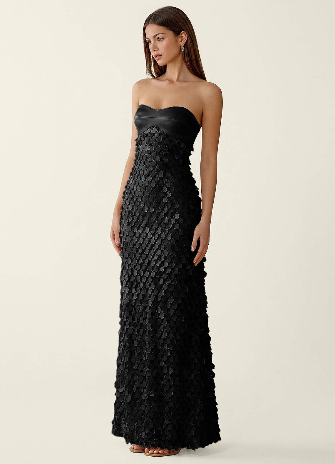 Mentino Strapless 3D Floral Lace Prom Dress in Black