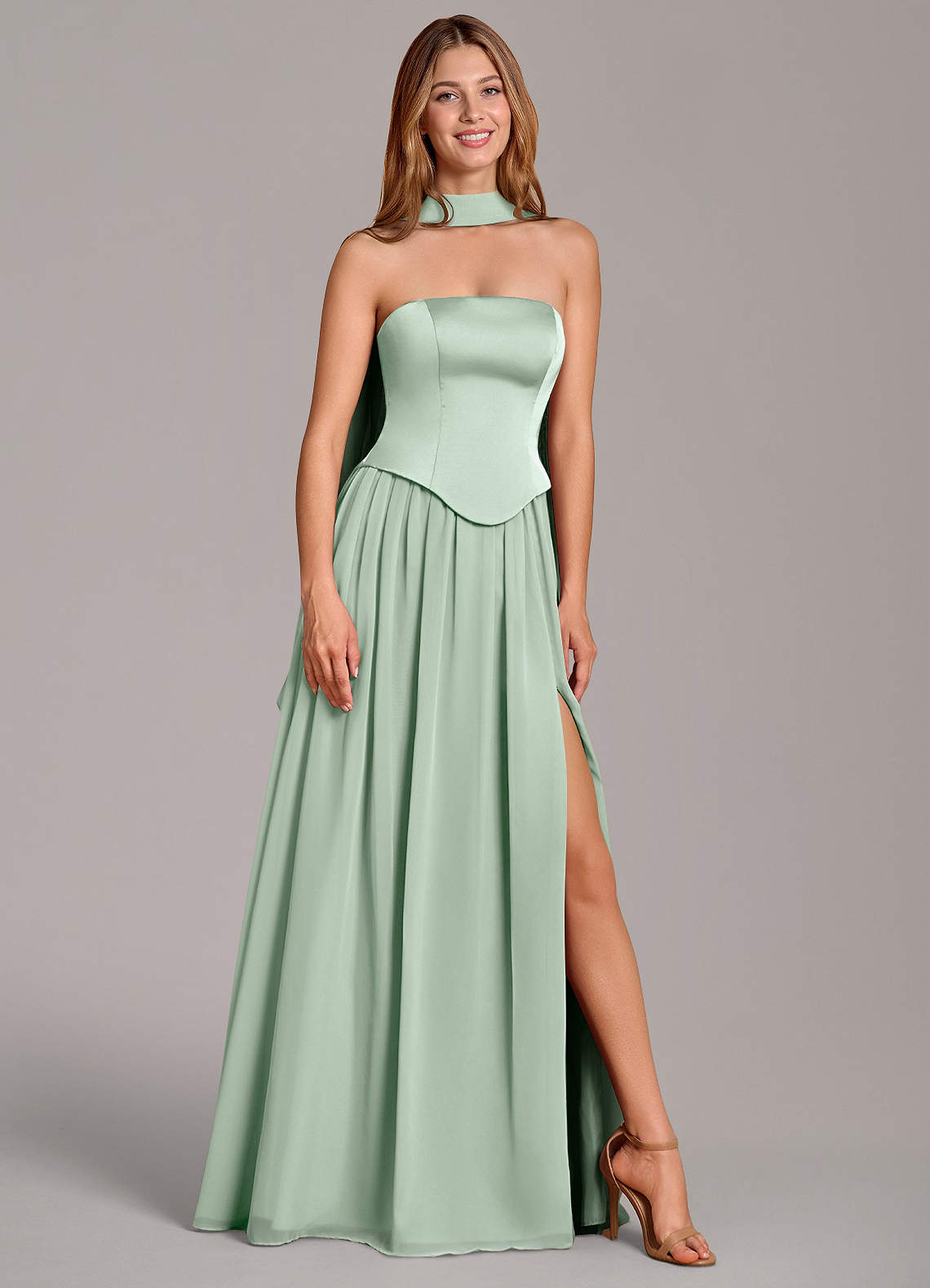 Cadence A-Line Strapless Chiffon and Stretch Satin Bridesmaid Dress in Agave