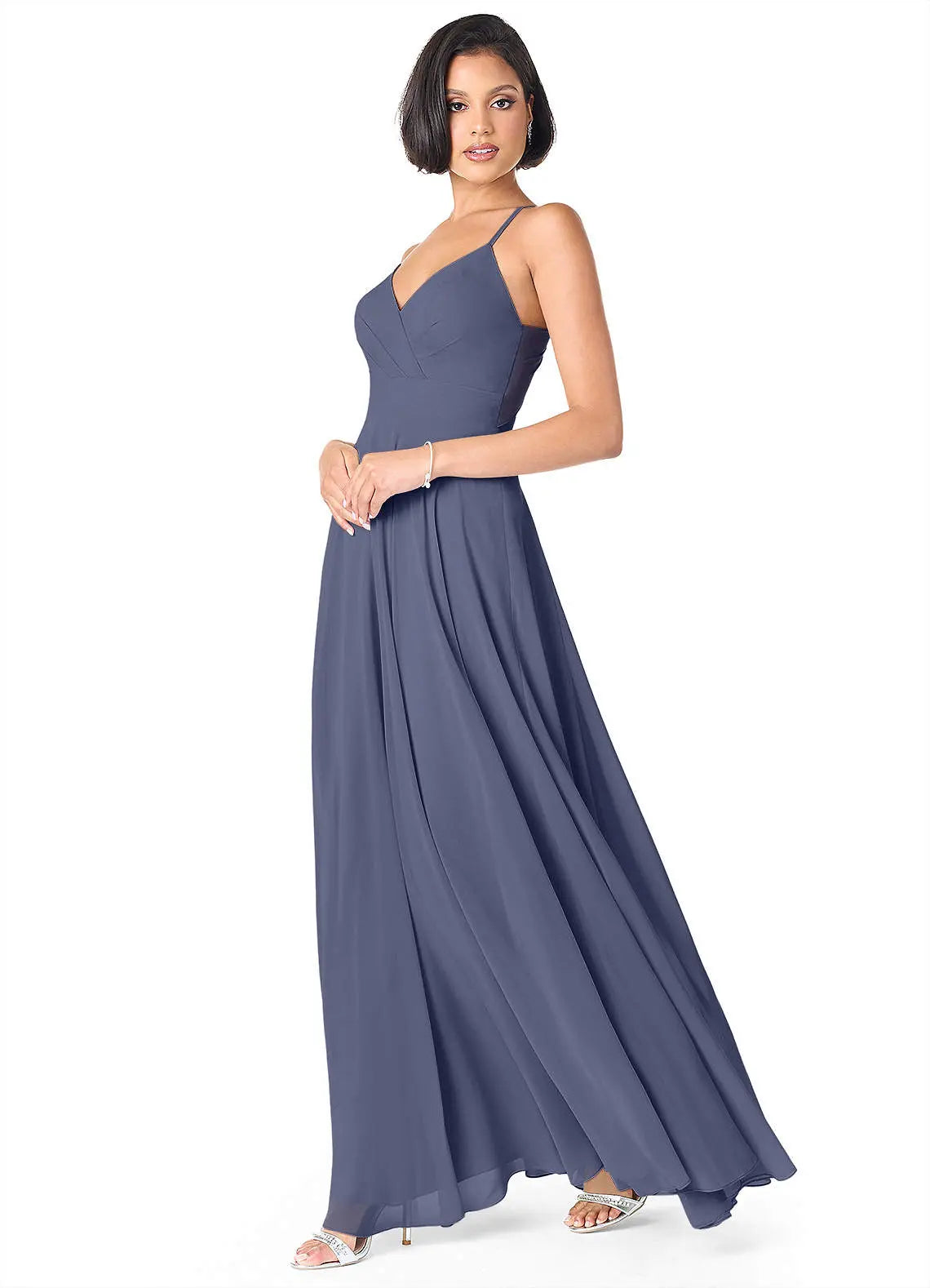Avelina A-Line V-Neck Chiffon Bridesmaid Dress in Stormy