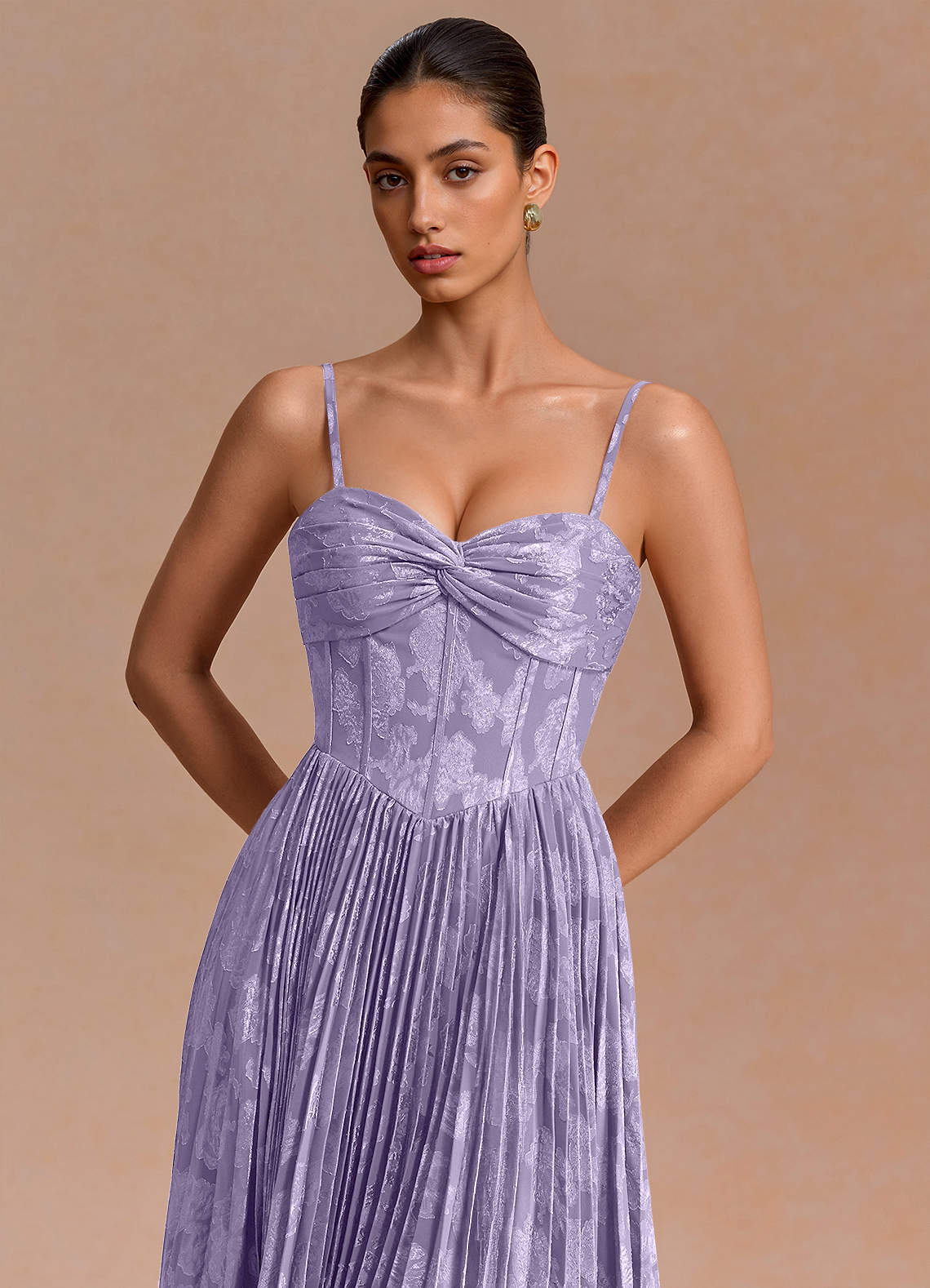 Delfina A-Line Twisted-Bust Fil Coupé Evening Dress in Lilac