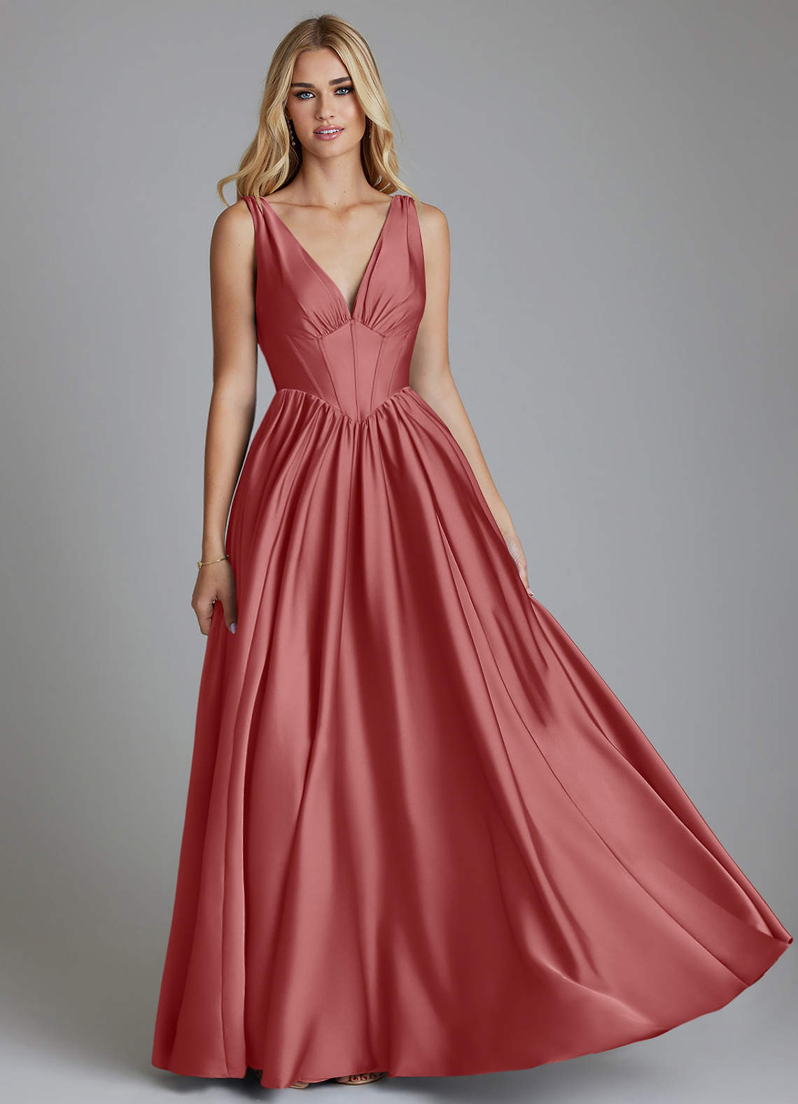Delmie A-Line V-Neck Stretch Satin Bridesmaid Dress in Antique Rose