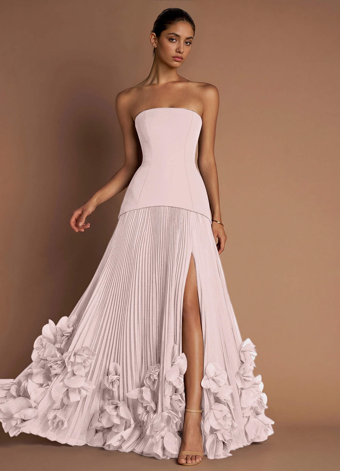 Marnie A-Line Corset Crepe Chiffon Evening Dress in Blushing Pink