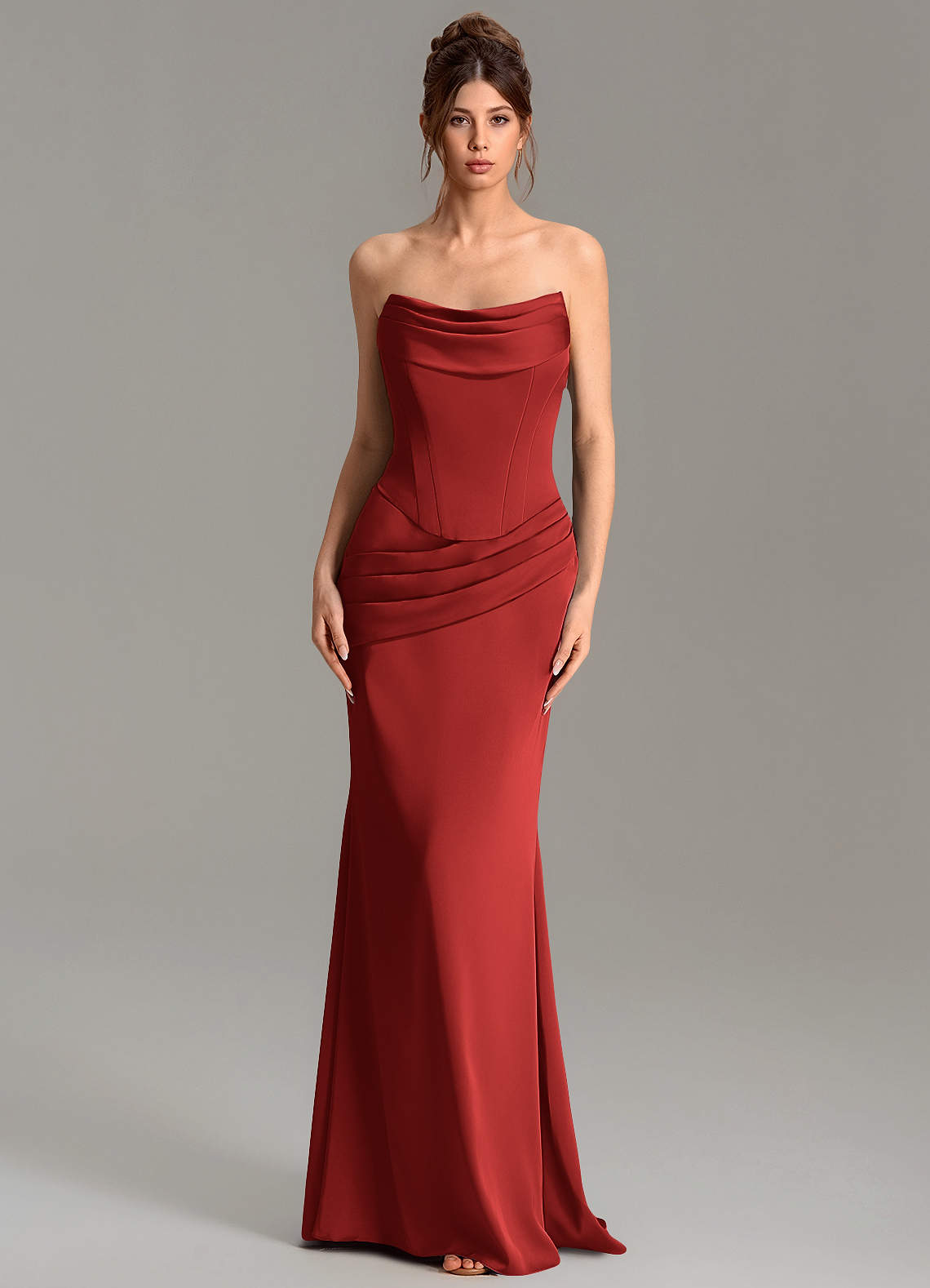 Adrienne Mermaid Cowl-Neck Stretch Satin Bridesmaid Dress in Pomegranate
