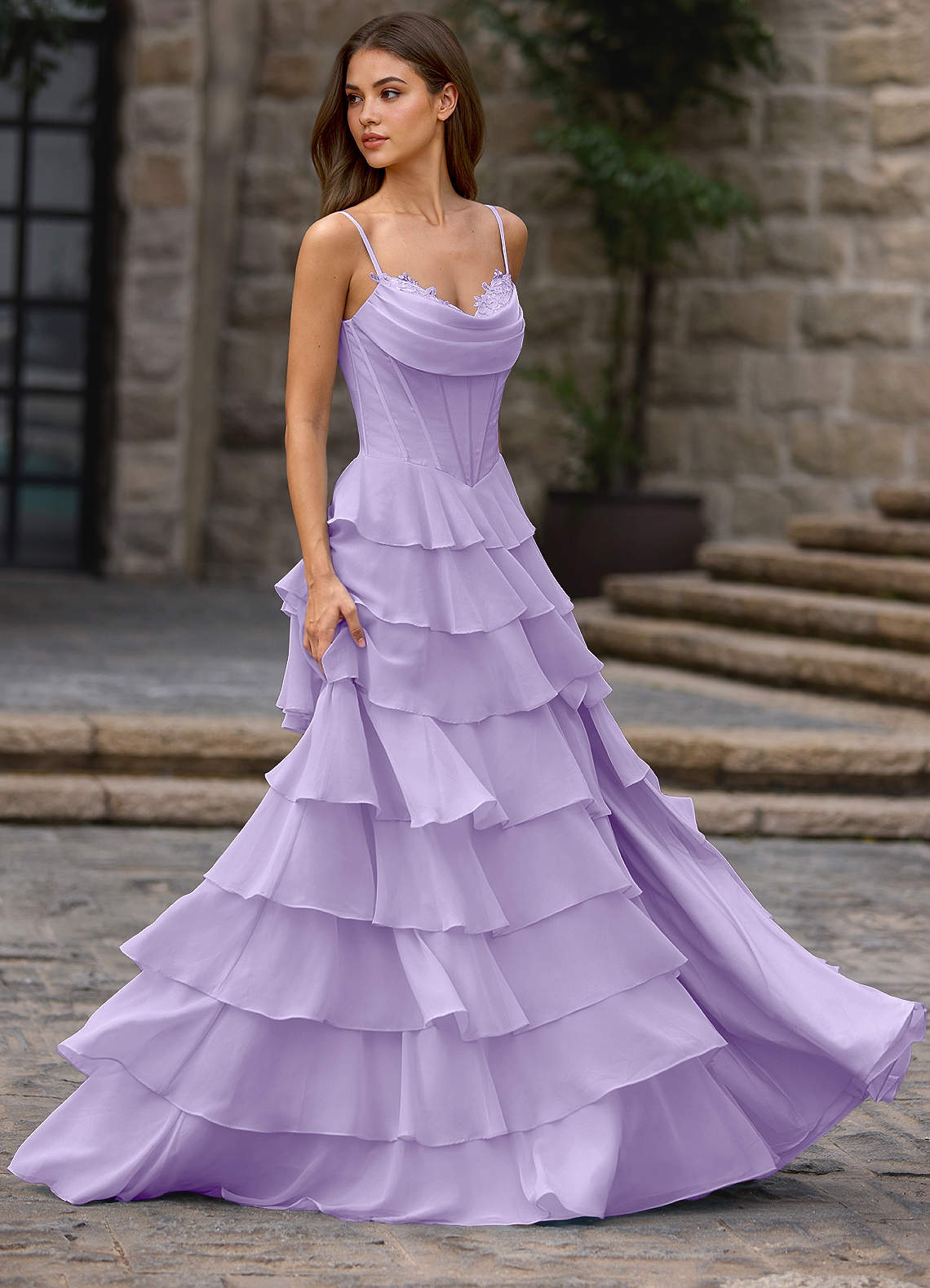 Floralace A-Line Ruffle Chiffon Evening Dress in Vanilla