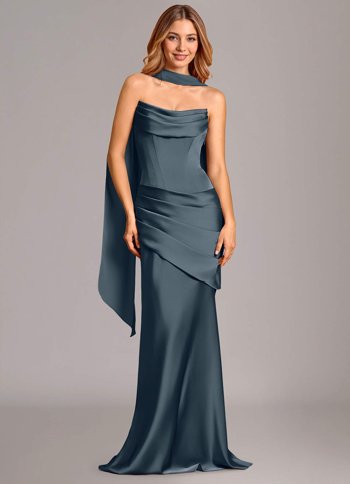 Pelagia Mermaid Cowl-Neck Stretch Satin Bridesmaid Dress in Twilight