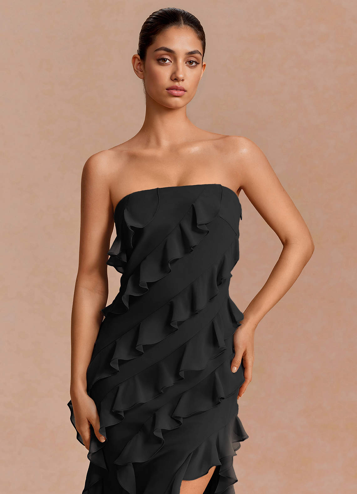 Eira A-Line Ruffle Chiffon Evening Dress in black